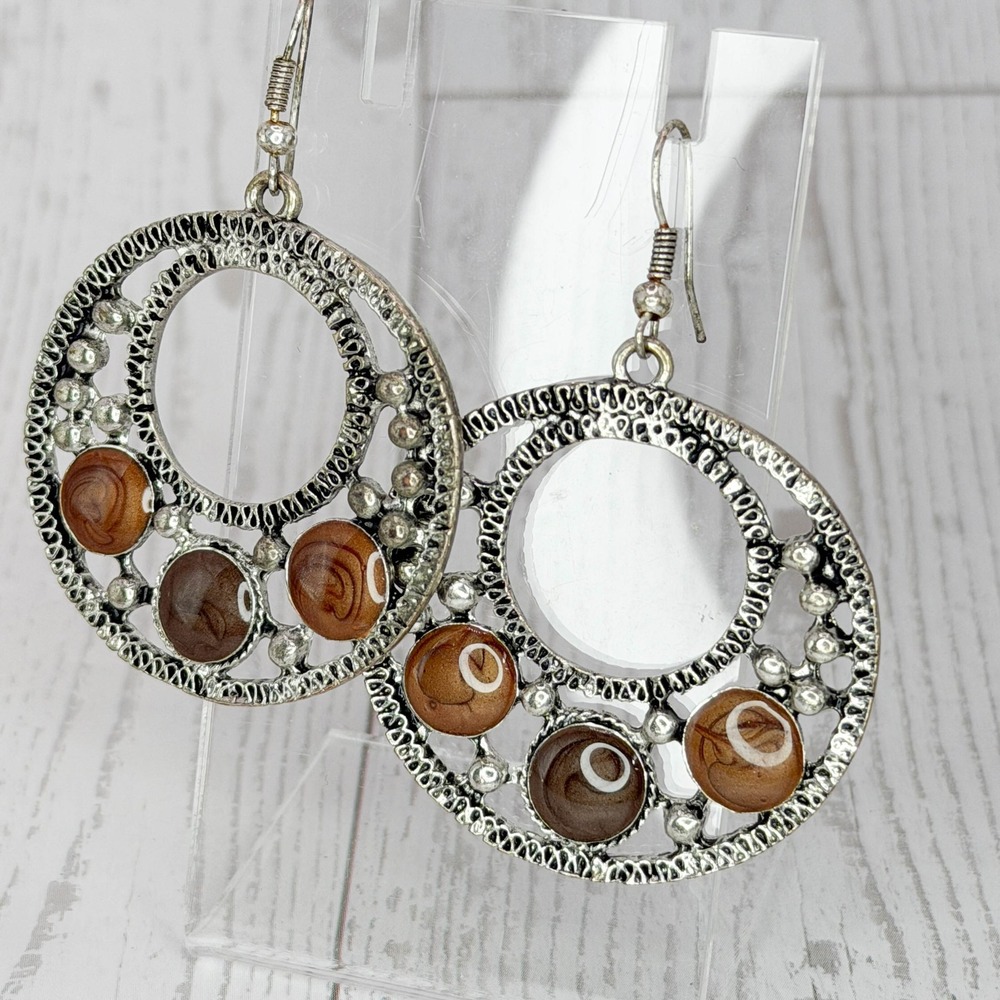 Boho Silver Tone Filigree Circle Drop Earrings Brown Marbled Cabochon Accents